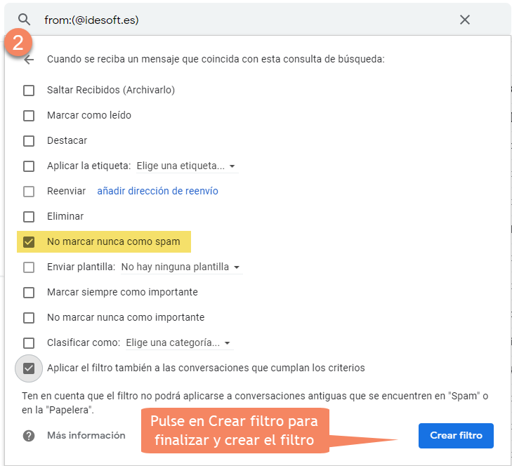 Crear filtro gmail, paso 2