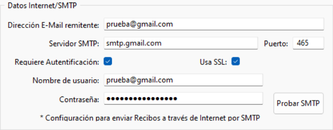 Datos SMTP en la pestaña Internet de la Configuración del Programa