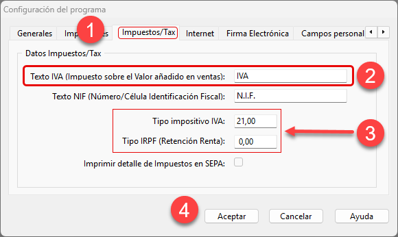 Configurar impuestos en el software