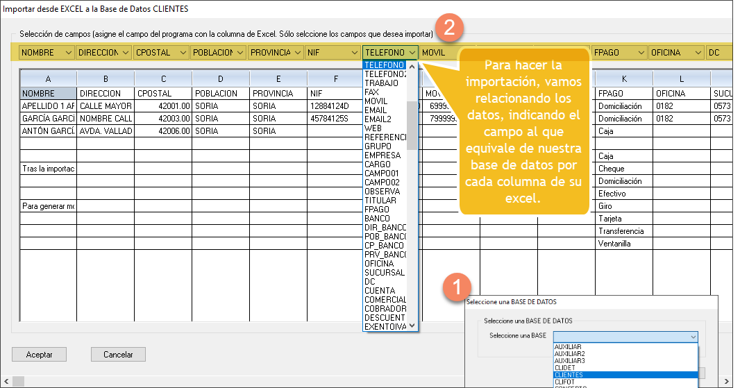 Importar datos a Excel: relacionar columnas
